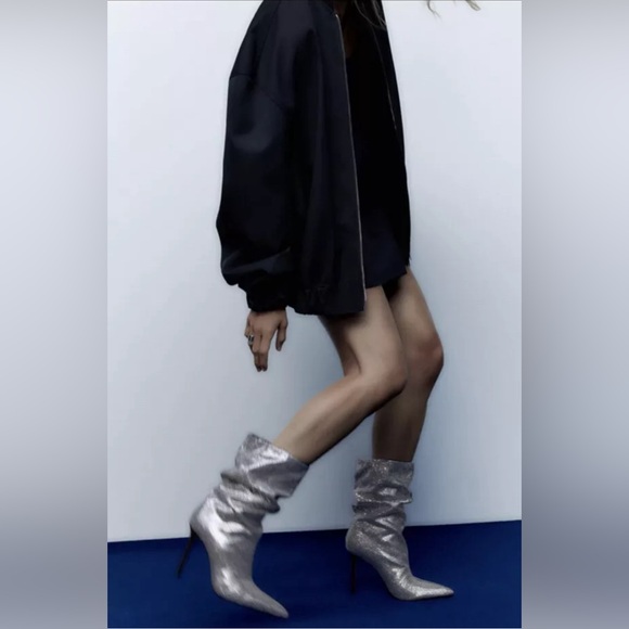 ZARA Silver Rhinestone Sparkly Boots Ankle Booties 8.5 39 - Picture 4 of 8